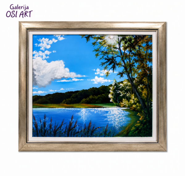 Slika Jezero leti, akril na platnu – igra svetlosti kroz krošnje i odsjaj na jezeru, autor Novak Josić